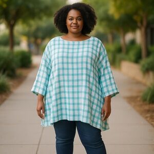 Denim & Co d&co Gingham Pullover 3/4 Sleeve Stretchy Tunic Top Size‎ 4X #175